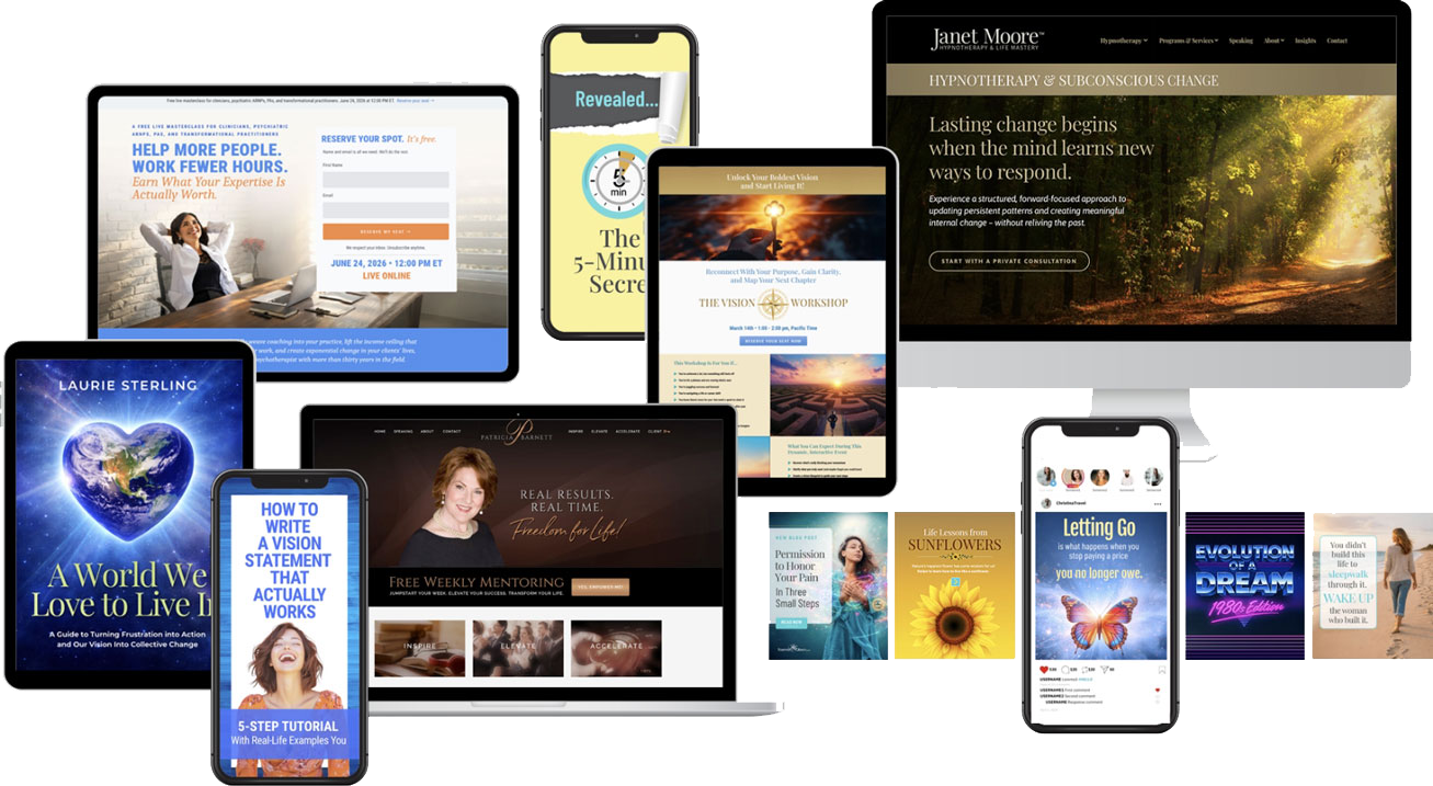 A collage of client websites, landing pages, ebooks, and social graphics on laptops, tablets, and phones