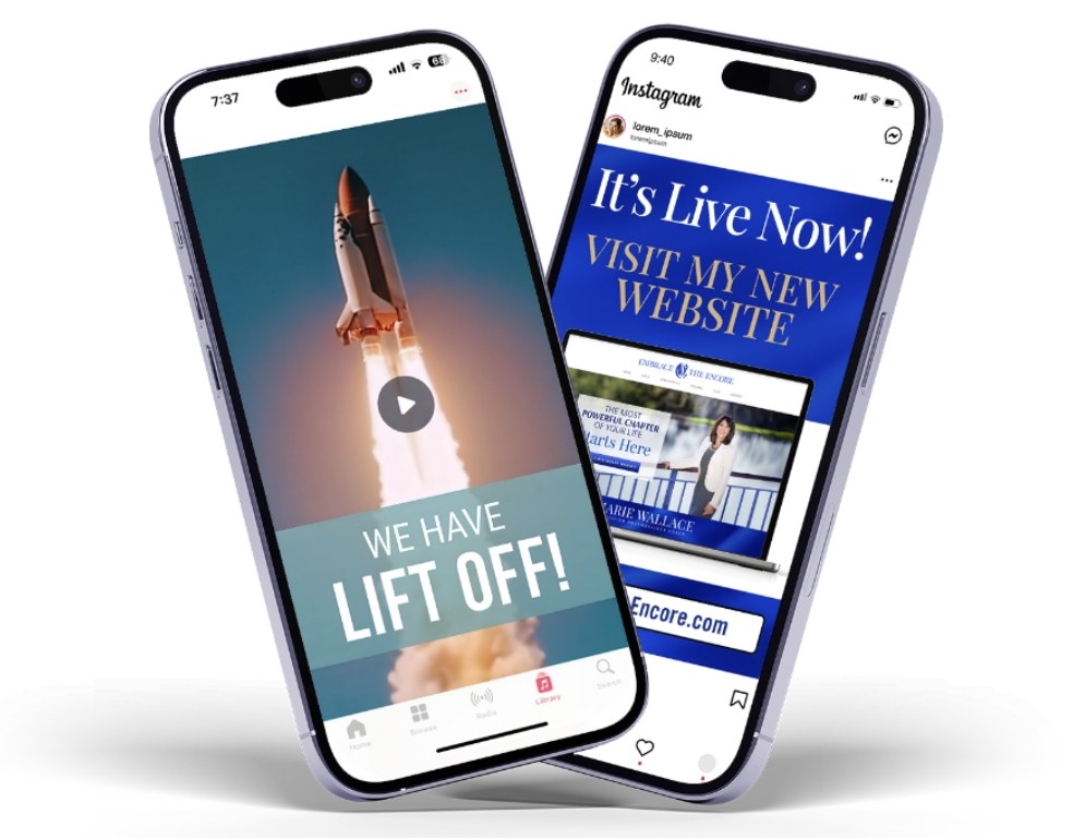 Two phones showing launch announcement social posts
