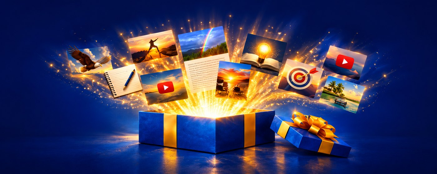 A blue gift box bursting open with blog images, videos, and social graphics